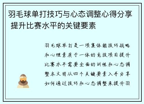 羽毛球单打技巧与心态调整心得分享 提升比赛水平的关键要素